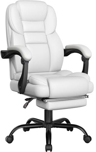 Yaheetech Executive Office Chair Ergonomic Footrest Lumbar Support, White | Faux leather upholstery, High back with lumbar support, Retractable footrest, Padded linkage armrests