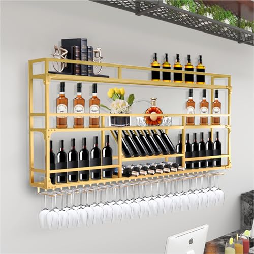 amhricho Weinregal Wand, 3 Ebenen Wand-Weinregale mit Glashalter, Multi funktionaler Weinpareite Display Rack,Weinflaschenhalter Wandmontage, für Zuhause, Bar, Küche, Restaurant (GOLD-B, 100*25*90cm)