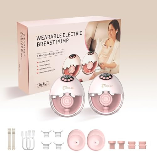 Electric Breast Pump Hands Free Wearable Portable Breastfeeding Pumps Wireless Quiet Anti-Leaking with Voice Broadcast Heating 4 Mode 12 Levels Suction Double 24mm Pink, MY-382