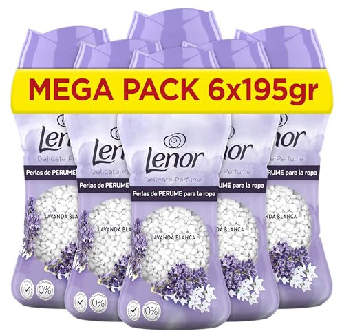 LENOR UNstoppables Perlas de Perfume para la Ropa, 96 Lavados (6 x 195g), Suavizante con Fragancia Lavanda Blanca, Potenciador de Frescor