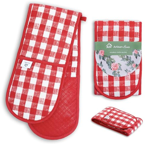 Red Gingham Christmas Oven Gloves Vichy check | Thick Potholders Heat Resistant | Quilted Cotton & Silicone Non-Slip Design Pot Holders | Machine Washable Thick Gloves Oven Mitts Kitchen Accessories