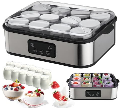 Yogurtera automática de 2500 ml con 12 frascos de Vidrio, Temporizador de 1 a 99 h y Temperatura Ajustable de 20 a 48 °C. Ideal para Preparar Yogur casero Fresco