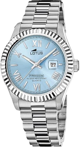 LOTUS Reloj Hombre Analógico de Acero Inoxidable 316l Plateado | Movimiento de Cuarzo, Calendario, Cristal Mineral de Alta Resistencia, Resistente al Agua 10 ATM 19002/2 Freedom