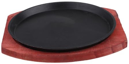 TOYANDONA Plaque de Cuisson Ronde en Fonte avec Revêtement Antiadhésif et Plateau en Bois Foncé pour Restaurant et Usage Domestique, pour Fajitas et Steaks