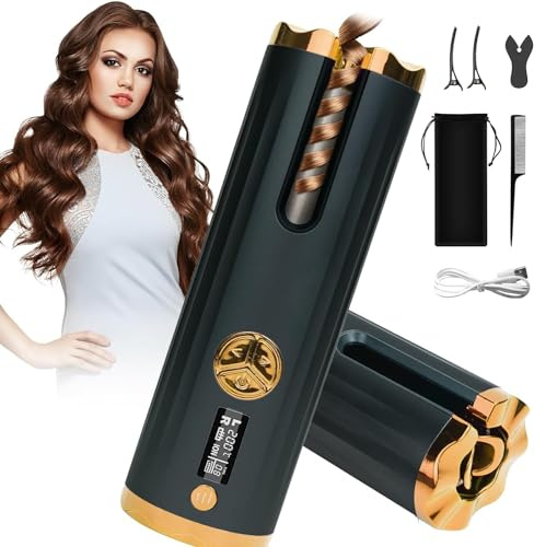 Automatic Hair Curler, Cordless Curling Iron 6 Temperature & LCD Screen,Rechargeable Hair Curling Wand Anti-Tangle& Qucik Heat Hair Styling Tool