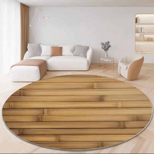 Tappeto rotondo lavabile in lavatrice 120 cm, Semplici Strisce Di Bambù Decorazione antiscivolo per soggiorno camera da letto cucina balcone terrazza sala da pranzo interno ed esterno, Marrone Chiaro