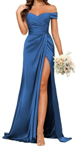 Vestidos de dama de honor de satén para mujer con abertura, vestidos de cóctel de sirena, talla grande, Azul Océano, 40
