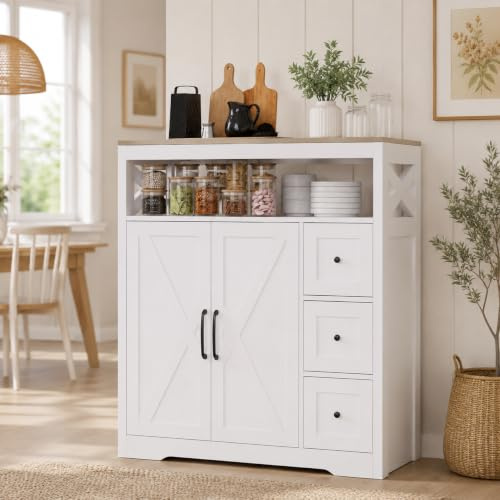 BRILVERDE Skänk med 4 lådor och 2 dörrar – modern vardagsrumsbuffé i träutseende för kök och matsal (vit, 100 x 105 x 40 cm)