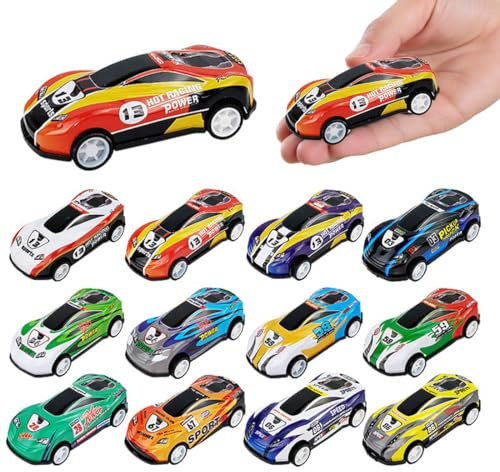 HUZNA 12 Stück Mini Rennauto Set aus Metall, 6.8 cm Länge, Aufziehauto, 360° drehbares spielzeugautos,Spielzeugautos für Indoor- und Outdoor-Spaß, Kreativität des Kindes Anregen(Zufälliges Muster)