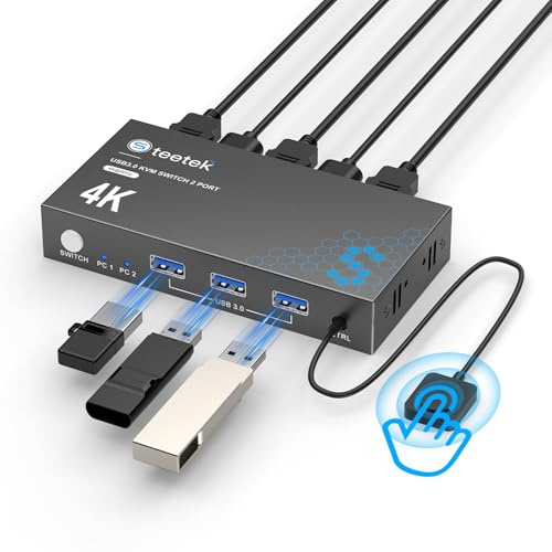 Hearvo Switch KVM HDMI USB 3.0 1 monitor 2 computer, switch KVM 4K a 60Hz per 2 computer che condividono monitor tastiera mouse dischi rigidi stampante, con adattivo EDID, cavo 2USB e controller