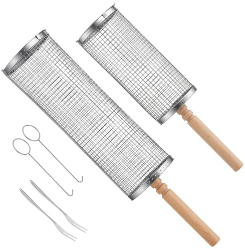 TRIXES cestas de Parrilla giratorias 2PCS Accesorios de Barbacoa con Mango de Madera Desmontable para Cocina al Aire Libre Acero Inoxidable 304