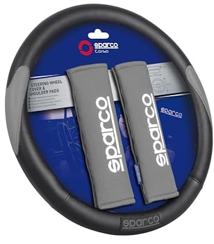 Sparco Set Funda Volante Negra y Gris Universal 37 38 cm y Almohadillas de Cinturón SPC1116 Grises Cierre Velcro Accesorios Coche
