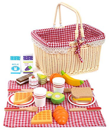 Small Foot 11186 Picknickkorb Früchstück, aus Holz, Rollenspiele/Kinderküchen-Zubehör, 27-teilig, ab 3 Jahre Spielzeug, Mehrfarbig
