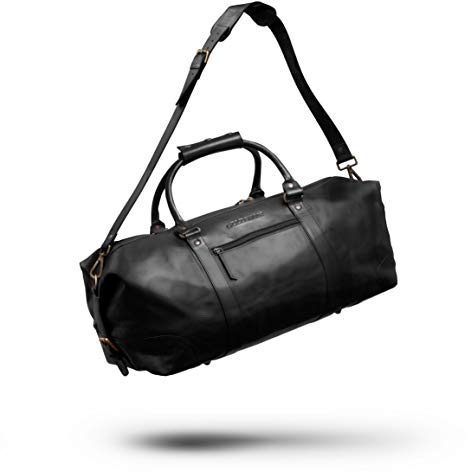 Goldsman Weekender Herren/Damen kompakte Reisetasche Vollnarben-Leder schwarz braun für Wochenendtrips als Handgepäck für eine Person.