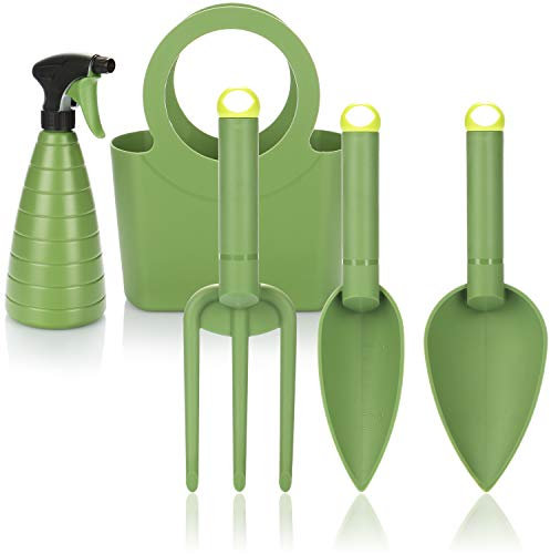 com-four® Set di attrezzi da giardinaggio – Attrezzi leggeri e pratici per bambini e anziani – Con spruzzatore e borsa da trasporto – Strumenti robusti per un giardinaggio facile (5 pezzi verde)