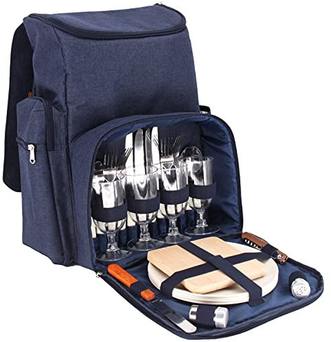 Les Jardins de la Comtesse Picknick-Rucksack, für 4 Personen, Blau, komplett mit Thermofach, robust und leicht, viele Taschen, 29 x 15 x 44 cm