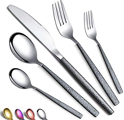 HOMQUEN Besteckset 30 Stück Beschichtung mit Schwarzem Marsgriff, Edelstahlmesser Löffel Gabeln Besteckset Utensilienset Besteckset Service für 6 Personen