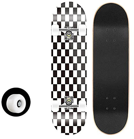 Skateboard Schwarz-Weiß Kariert Skateboard Kinder ab 8 Jahre 80x20cm 7-Lagigem Ahornholz Longboard Double Kick Komplett für Anfänger Jungen Mädchen Erwachsene Profi Penny Board