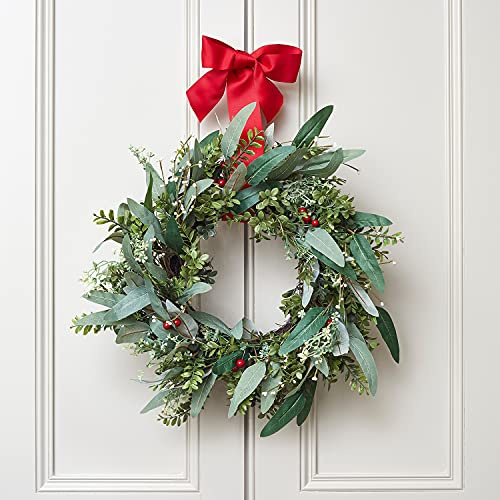 Lights4fun Corona de Navidad de 60 cm con Follaje Artificial e Bayas Rojas con Nudo Rojo Decoración Navideña para Puerta de Entrada Decoración de Mesa para Interiores