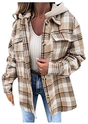 HHMY Jacke Kariert Damen - Fleece Hemdjacke Female Jacke Karo Lange Ärmel Herbst Winter Übergangsjacke Mit Taschen Knopfleiste Revers Mantel Plüsch Blusenshirt Oversize