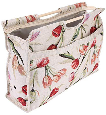 Knitting Bag, Woven Fabric Storage Bag with Wood Handle, Knitting Basket for Sewing Tools, Exquisite Practical Tote Bag with Zip for Embroidery Project Wool and Needles Storage(Rose jacquard)