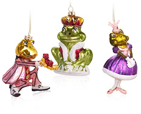 BRUBAKER 3-teiliges Baumkugel Set Frosch Märchen - Handbemalte Weihnachtskugeln Froschkönig, Prinz beim Antrag und Prinzessin - Mundgeblasener Christbaumschmuck aus Glas - Baumschmuck Lustig