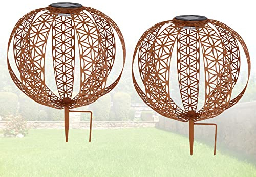 bmf-versand® Solarlampen für Außen Garten Kugel Set - Solarleuchten Balkon 2 Stück - Solarlampe 30 cm Rost Optik - Außenleuchte LED Boden - Solarleuchte Gartenlampe Solar Wetterfest