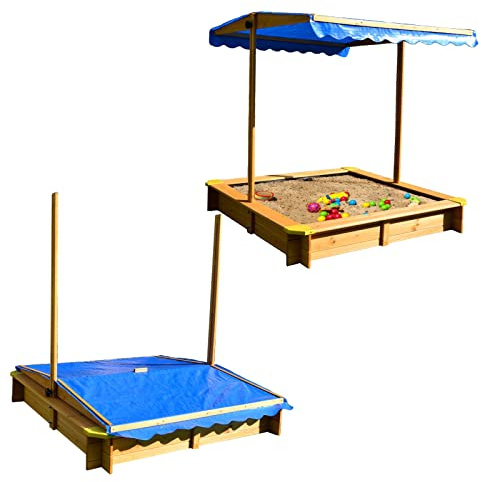 HORI Sandkasten - 120 x 120 x 120 cm - Sandkiste Kindersandkasten mit verstellbaren Dach - einfacher Aufbau - Komplettset