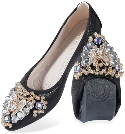 MACHSWON Women Ballet Flats Butterfly Rhinestones Wedding Ballerina Shoes Foldable Sparkly Comfort Slip on Flat Shoes Dress Flats for Women(Black 6, Size 5)