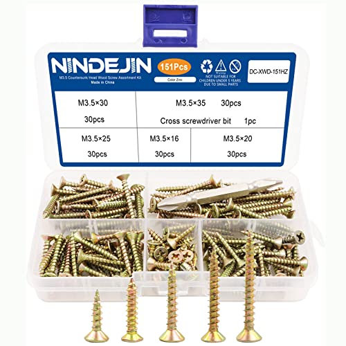NINDEJIN Wood Screws Assortment Kit - 151pcs Flat Head Self-Tapping Screws M3.5 Small Size | Yellow Zinc Plated Anti-Corrosion | Phillips Drive with Screw Bit | for DIY Furniture Cabinets Repair