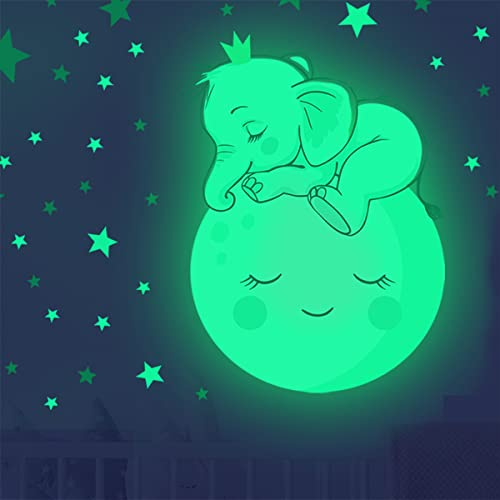 HGDESIGN® Wandtattoo Leuchtend Wandaufkleber Leuchtsticker Schlafender Elefant auf Mond Babyzimmer Kinderzimmer Kind Baby Junge Mädchen Wandsticker Wanddeko Selbstklebend