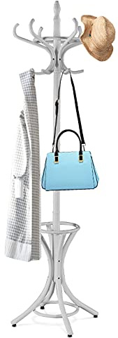 Multigot Coat Rack, Wooden Hat Clothes Hall Tree Hanger with Umbrella Holder and 12 Hooks, Freestanding Scarf Display Organizer Stand for Home Dormitory Office (Grey)