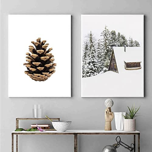 GSHRED Weihnachtsdekoration-Poster, Weihnachten, Winter, Tannenzapfen, Wandkunst, Leinwand, Gemälde, skandinavisches Bild, für Wohnzimmer, Heimdekoration, ungerahmt, 40 x 50 cm x 2 Stück