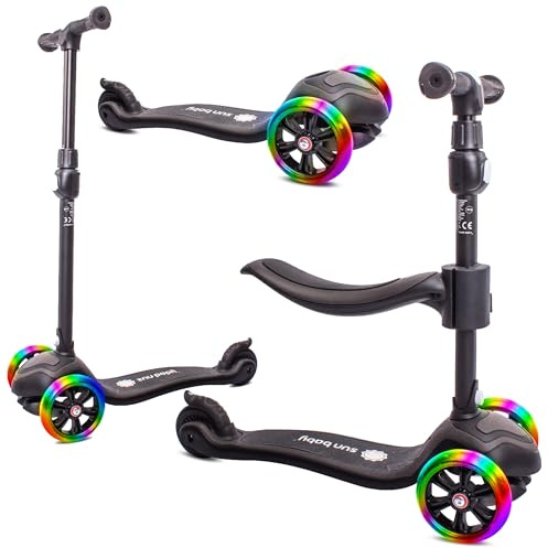 sun baby Roller Scooter Kinder 3 Jahre, LED große 3 Räder, Abnehmbarem Sitz, Kinderroller, Childern's Scooter (Schwarz)
