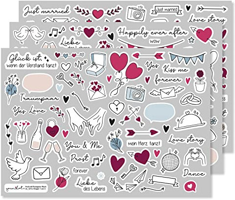 Aufkleber-Set für Hochzeit Berry Blue I über 200 Sticker I Fotoalbum Gästebuch Dekoration Scrapbook-Sticker mit schönen Motiven und Sprüchen in Deutsch Englisch rosa grün I dv1215