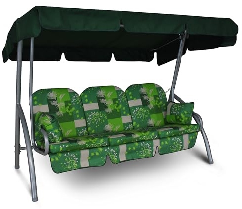 ANGERER Hollywoodschaukel Deluxe dunkelgrün-hellgrün-Creme Gemustert | Gartenschaukel Made in Germany, Schaukel zum Sitzen und Entspannen, einfache Montage