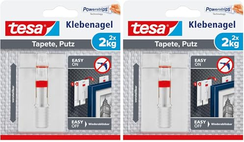 tesa Clavo Adhesivo Ajustable para Paredes Pintadas y Yeso 2 kg - Colgador con Altura Ajustable Sin Perforaciones - Paquete con 2 Clavos Adhesivos y 6 Tiras (Paquete de 2)