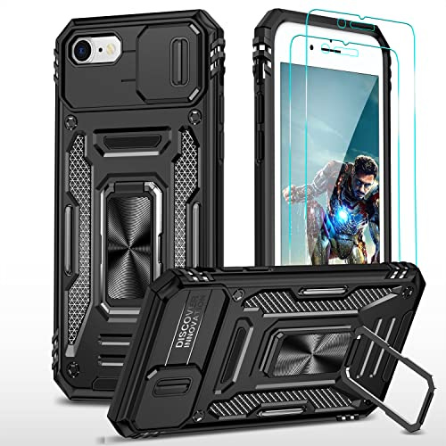 YmhxcY iPhone 7/8/SE 2020/2022 Schutzhülle mit 2 Displayschutzfolien, Slide Camera Cover, Militär-Grade Schutz, 360° Drehen Metallständer - Schwarz