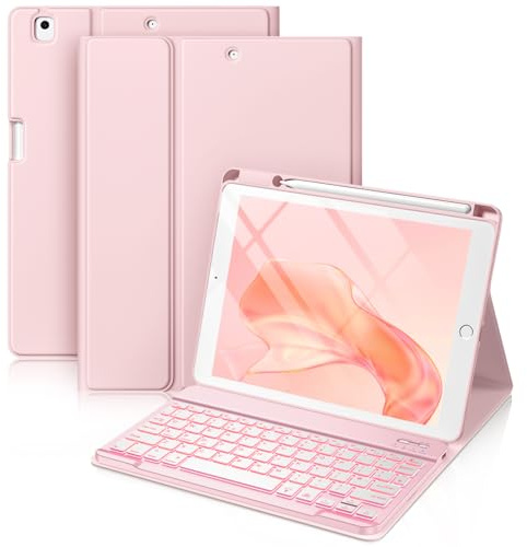 Vobafe Hülle mit Tastatur Kompatibel für iPad 9./ 8. /7. Generation 10.2 Zoll mit Stifthalter, Magnetisch 7 Farben Beleuchtung, Wiederaufladbar Abnehmbarer QWERTZ iPad Tastatur, Rosa