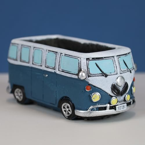 Fyne-Finds Fioriera in stile retrò a forma di camper blu, per piante da giardino, erbe aromatiche, fiori, 12,7 cm, vaso in cemento