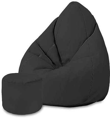 DreamRoots Sitzsack für Kinder und Erwachsene - Sitzsack mit Füllung, Lehne, Hocker und Bezug - Oxford Stoff 220 gr/m2 Wasserdicht - Sitzkissen Boden - Chill Sack M, Schwarz