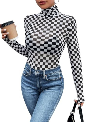 SHENHE Women's Mock Turtle Neck Checkered Long Sleeve Sheer Plaid Tshirt Bodysuit Black and White XL