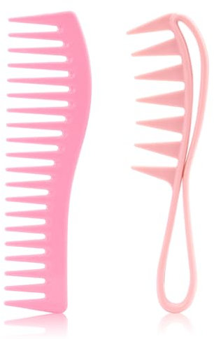 2 Pièces Peigne à Dents Larges, Grand Peigne Démêlant pour Hommes Femmes Coiffure Antistatique Brosse à Cheveux Coiffage Coupe Barbier pour Cheveux Bouclés Longs Secs et Humides (Rose)
