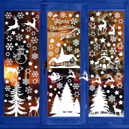 Fensterbilder Weihnachten Selbstklebend, Fenstersticker Weihnachts Fensterdeko Wiederverwendbar Statisch PVC Weihnachtsdeko, Kinder Winter Schneeflocken Deko Weiß Tür Fenster Aufkleber Groß (Style1)