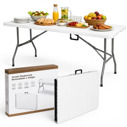 Tavolo Pieghevole Richiudibile a Valigia 181x75x74 cm - Struttura Acciaio, Piano HDPE Impermeabile, Portata 150 kg, Maniglia Trasporto, Piedini Antiscivolo - Tavolo Salvaspazio per Casa, Giardino