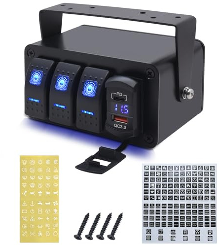 KAOLALI 12V/24V Schalter Panel 3 Gang EIN/AUS Kippschalter Panel | IP65 Wasserdichte, mit Digitalem Voltmeter PD & QC3.0 Ladeanschluss, für RV Marine Boot Auto Fahrzeuge LKW