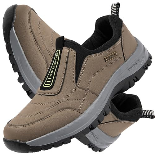 AZMAHT Diabetikerschuhe Extra Weit Herren PU Leder Orthopädische Herren Sneaker Herren Outdoor-Wanderschuhe Orthopädische Herren Hands Free Slip On Sneaker,Khaki,45/275mm