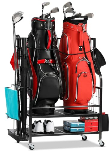 EXTCCT Golftaschen-Aufbewahrung, Garagen-Organizer, Golftaschenständer für 2 Golftaschen und Golfschläger, Golfbälle, Golfausrüstungszubehör, extra große Golftaschen-Aufbewahrung für Garage, Club,