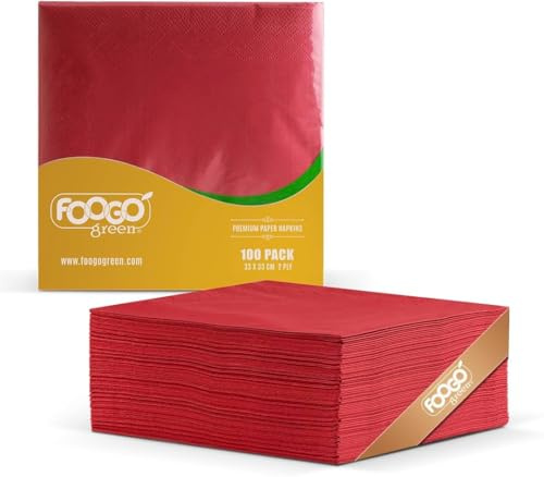 FOOGO Green 100pcs Elegant Red Paper Napkins, FSC® Certified, 33 x 33 cm, 2 Ply Strong Serviettes, Fully Home Compostable, Super Soft Paper Tissues, Cocktail Disposable Napkins