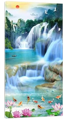 TAPHET Quadri su Tela Stile Cinese. Quadro Paesaggio. Natura Quadri Moderni Soggiorno. Fiore pesce Lago Cascata. Immagini Murale Pronto da Appendere 40x80cm-16x31in Incorniciato